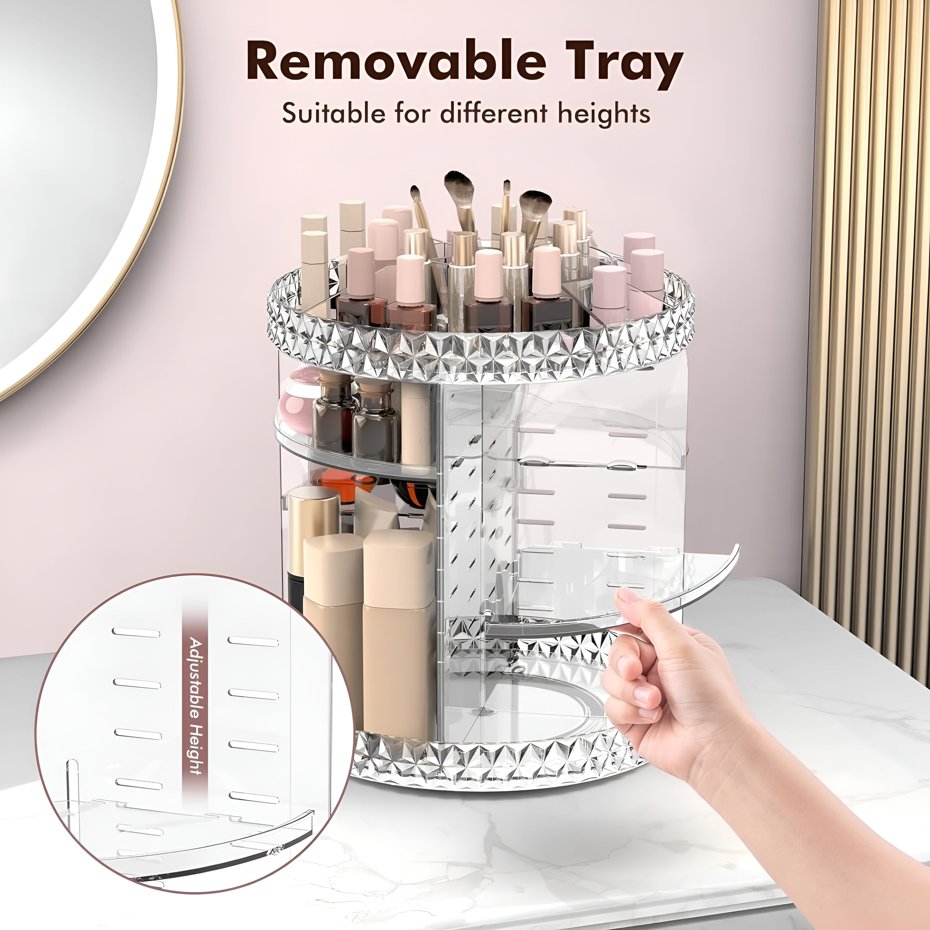 360° Rotating Acrylic Makeup Organizer – Multi-Tier Cosmetic Storage with Diamond-Cut Design
