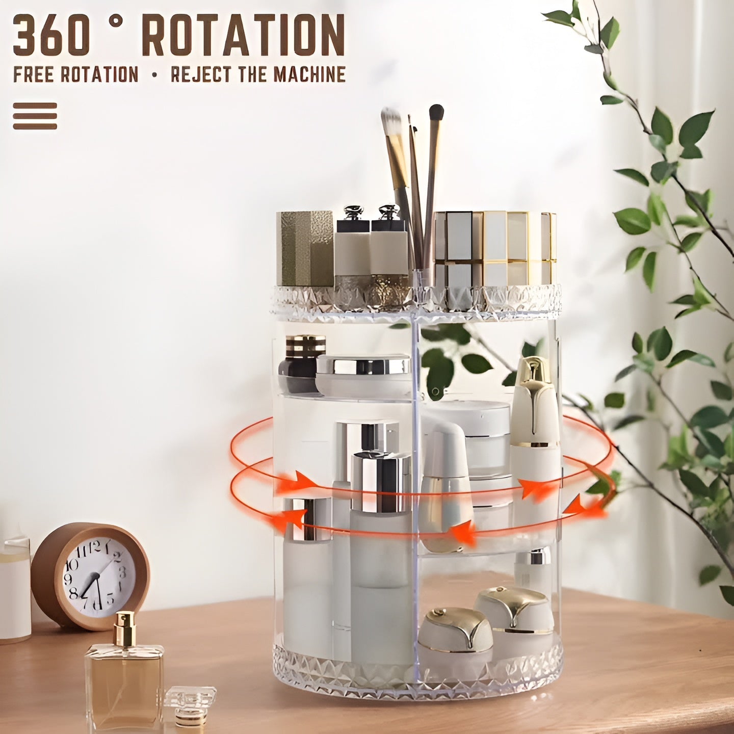360° Rotating Acrylic Makeup Organizer – Multi-Tier Cosmetic Storage with Diamond-Cut Design