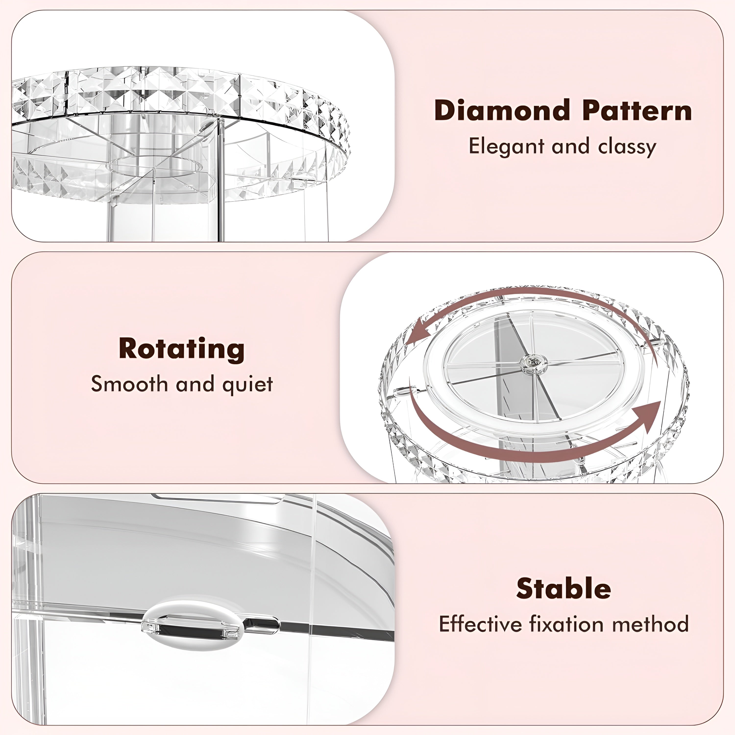 360° Rotating Acrylic Makeup Organizer – Multi-Tier Cosmetic Storage with Diamond-Cut Design