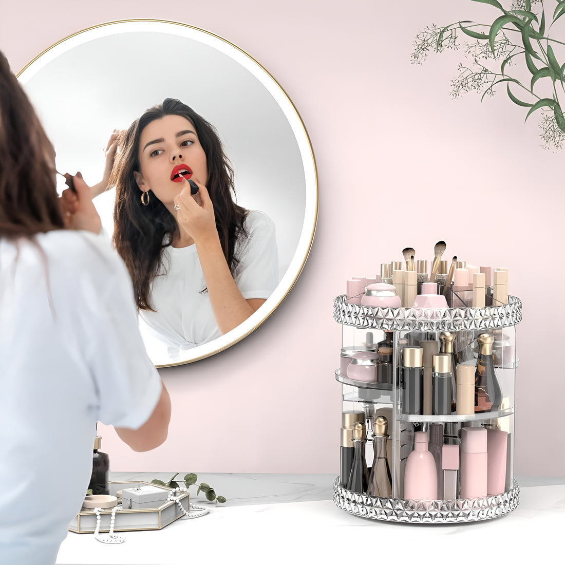 360° Rotating Acrylic Makeup Organizer – Multi-Tier Cosmetic Storage with Diamond-Cut Design